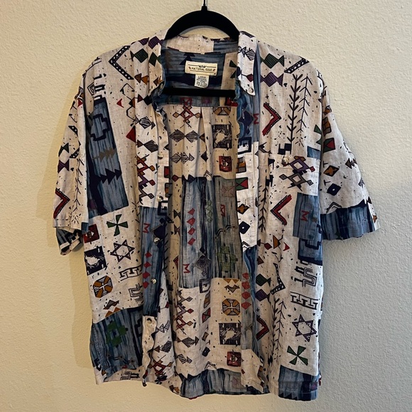 Natural Issue 90s Funky Print Linen Blend Button Down Shirt Size Large - Picture 3 of 6